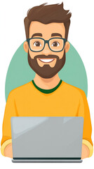 Poster - A man with glasses is smiling and holding a laptop. He is happy and content while working on his computer
