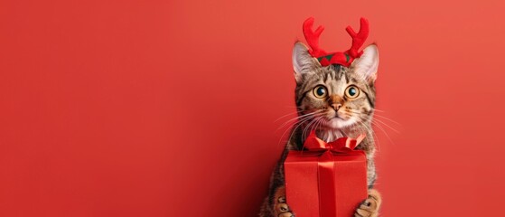 Wall Mural - merry christmas concept holiday vacation winter greeting card - cool cat with reindeer antlers and r