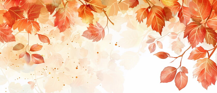Autumn leaves banner background presentation design, with white space in the middle for text and photo. Pastel watercolor illustration. October mood. Coloured sale backdrop. Frame design for menu card