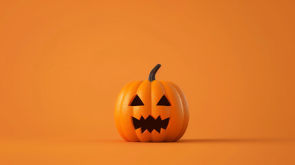 Wall Mural - A minimalist Halloween image of a single carved pumpkin with a spooky face, set against a solid orange background, creating a classic and eerie vibe.