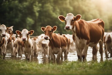 Wall Mural - calves young herd drinking water agriculture animal cow calf farm background farmland field agricultural landscape nature sunset grazing cattle pasture countryside sunrise rural sun baby beef white