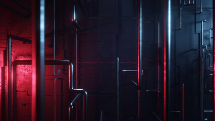 Poster - Sci-fi scene of metal light bulb with smooth flickering lighting, steel structure background, futuristic concept