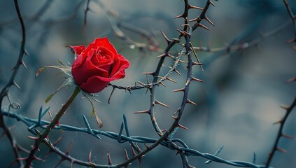 Wall Mural - A single red rose is placed on top of sharp thorns, symbolizing the pain and suffering associated with love