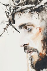 Wall Mural - Portrait of Jesus with Crown of Thorns in Gentle Watercolor Art, Religious Inspirational Artwork for Church and Faith Communities