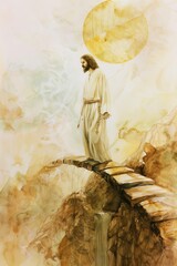 Wall Mural - Jesus Walking on Path with Golden Sun, Peaceful and Spiritual Watercolor Art for Faith and Meditation