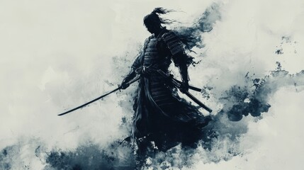 A generative AI image of a samurai in a classic ink wash painting style.