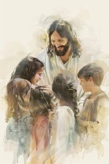 Wall Mural - Jesus Blessing Children in Gentle Watercolor, Inspirational Art for Faith-Based Home Decor