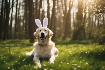 Wall Mural - golden happy green a grass dog costume easter holiday sits bunny retriever day spring pet cute animal funny adorable nature summer celebration rabbit ear young domestic sweet festive carnival park