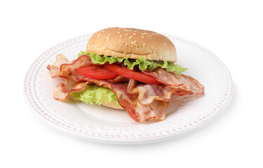 Delicious burger with bacon, tomato and lettuce isolated on white