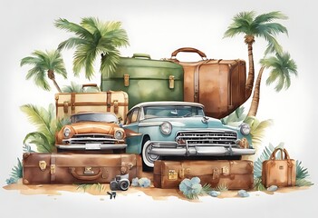 Wall Mural - drawing hand set car watercolor suitcases isolated travel tree palm illustration space white card your text aeroplane summer air vintage birthday