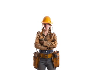 Portrait of female carpenter master in helmet doing isolated on white background, copy space, layout, labor day.