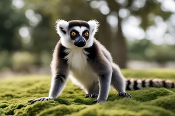 Wall Mural - white clipping walking lemur path isolated africa african animal baby background beautiful black tree branch climbing creature cute eye fluffy fur furry grab grass grey grip looking lovely madagascar