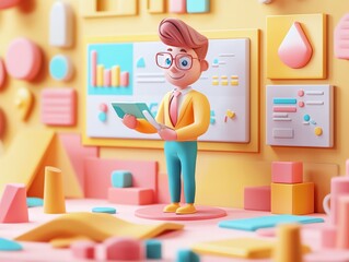 Poster - 3D Cartoon Businessman Presenting Data.
