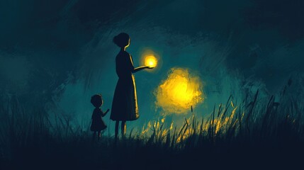 A cartoon of a mother spirit as a glowing lantern, illuminating hers path in the dark.