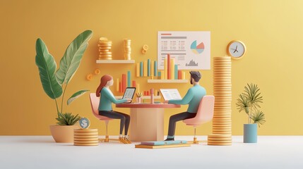 Aufkleber - 3D Illustration of Business People Working on Laptops in a Modern Office.