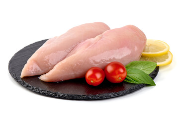 Raw chicken breast, isolated on white background.