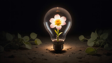 a light bulb with a flower inside sitting on the ground