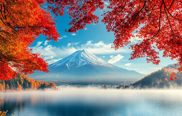 Wall Mural - mount fuji lake kawaguchi in autumn season