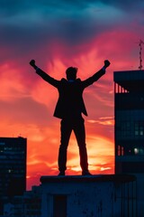 Sticker - Silhouette of a businessman celebrating on a rooftop in triumph.