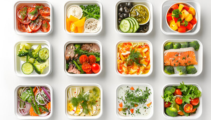 Wall Mural - Different delicious meals in containers on white background, top view. Healthy diet