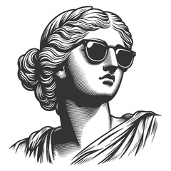 Wall Mural - classical statue wearing modern sunglasses, ancient art with contemporary style sketch engraving generative ai fictional character raster illustration. Scratch board imitation. Black and white image.