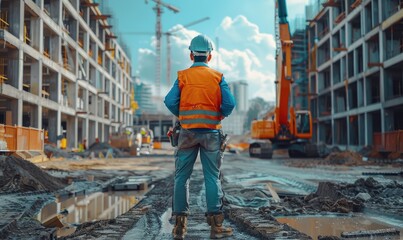 a construction worker in a safety vest and helmet stands at a building site in an urban area, amidst