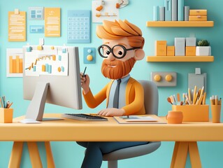 Aufkleber - 3D Cartoon Man Working on Computer at Home Office.