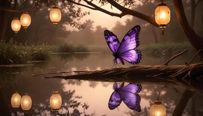 A large purple butterfly with intricate wing patterns resting on a branch reflected in the rippling water of a pond, with a blurred background of trees and lights