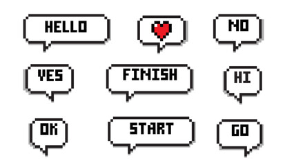 Poster - Pixel art 8-bit Love phrases set with speech bubble.