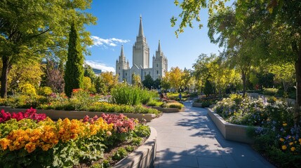 The tranquil setting of the Salt Lake Temple in Utah, with its tall spires and lush gardens under a clear blue sky.