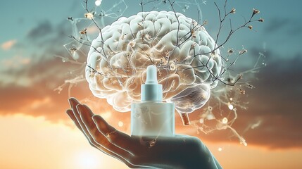 A hand holding a serum bottle with a brain illustration, symbolizing the connection between mental health and skin care in psychodermatology.