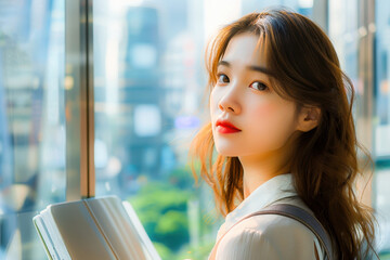 A young woman with a serene expression, standing by a window with a cityscape background. She is holding a book and bathed in natural light, looking confident and thoughtful.