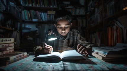 indian boy doing homework at night