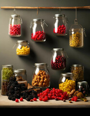 Canvas Print - many glass jars with dried fruits and berries
hang and stand in the pantry on the shelves and table