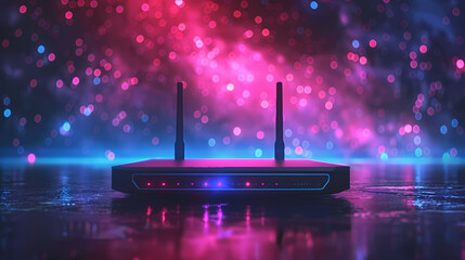 Wall Mural - A black wireless router sits on a reflective surface with a pink and blue bokeh background. The router has two antennas and is illuminated by blue and pink lights.