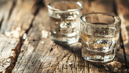 Traditional greek vodka - ouzo in shot glasses on rustic wood background