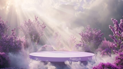 Wall Mural - A purple 3D product stage, platform, pedestal stand in a foggy, dreamlike forest filled with flowers.