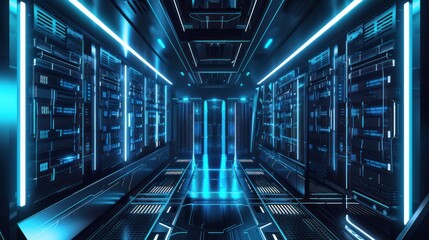 Poster - Futuristic Server Room with Neon Blue Lights