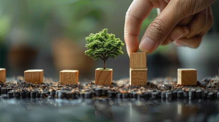 Aufkleber - Woman hand pick the wooden block to the center, line of 6 wooden blocks at the center, green background and small tree. Generative AI.