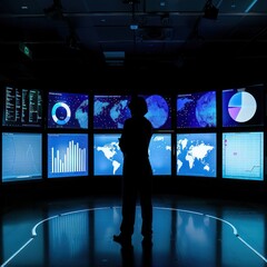 Poster - Silhouette of a person in front of a wall of monitors displaying data and graphs