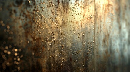 Poster - Rusty Metal Surface Glistening With Water Droplets in Soft Natural Light