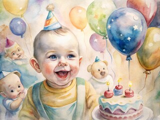 A image of a baby celebrating their first birthday with balloons, cake, and family members, marking the joyous milestone with smiles and laughter