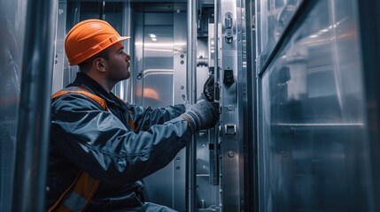 Wall Mural - A person wearing an orange hard hat operates industrial equipment, perfect for use in industry-related contexts