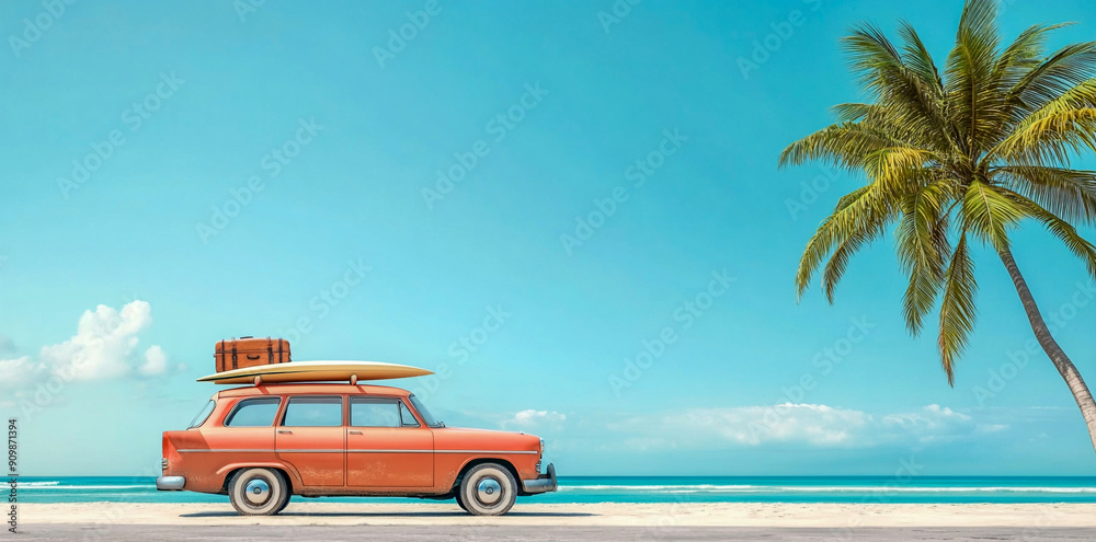 Vintage car with luggage and surfboard on the beach, palm tree. Summer ...