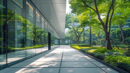 Poster - Modern office, sidewalk, high-rise office facade, less dense, roof garden, surrounded by trees, close to the entrance of a office. Generative AI.