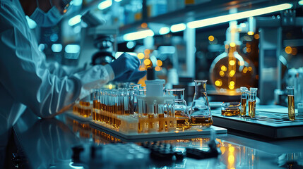 Poster - A futuristic high-tech laboratory. The table is filled with various futuristic scientific instruments, test tubes, and beaker. In the foreground, a scientist is working diligently. Generative AI.