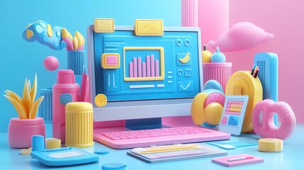 Aufkleber - 3D cartoon style computer, with pink and blue pastel colors.