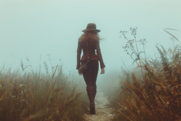 A woman wearing a hat and dress walks through a field of tall grass