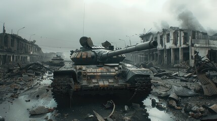 Canvas Print - A old tank, with the destroyed buildings and a war-torn landscape. Generative AI.