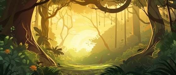 Wall Mural - Golden Hour in the Jungle: A Lush Forest Bathed in Sunlight